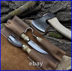 4-Piece Wood Carving Tool Set with Leather Roll Hand Forged Axe
