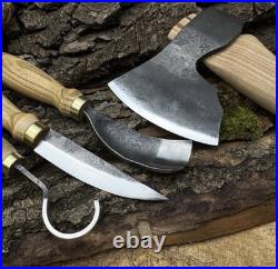 4-Piece Wood Carving Tool Set with Leather Roll Hand Forged Axe