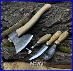 4-Piece Wood Carving Tool Set with Leather Roll Hand Forged Axe