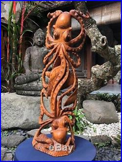 41 XL Carved Octopus & Turtle Sealife Fish Statue Art Sculpture Solid Wood