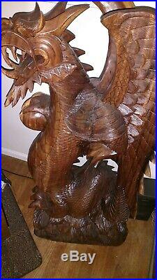 42 Large Hand Carved Wooden Dragon Statue Sculpture Figurine Art Wood