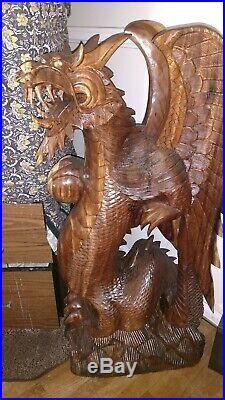 42 Large Hand Carved Wooden Dragon Statue Sculpture Figurine Art Wood