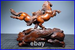 5.7 Chinese Box-wood Carving 12 Zodiac Animal Two Run Horse Pine Tree Statue