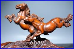 5.7 Chinese Box-wood Carving 12 Zodiac Animal Two Run Horse Pine Tree Statue