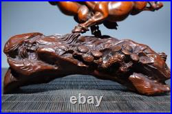 5.7 Chinese Box-wood Carving 12 Zodiac Animal Two Run Horse Pine Tree Statue