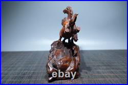 5.7 Chinese Box-wood Carving 12 Zodiac Animal Two Run Horse Pine Tree Statue