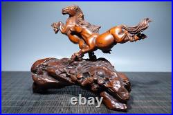 5.7 Chinese Box-wood Carving 12 Zodiac Animal Two Run Horse Pine Tree Statue