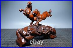 5.7 Chinese Box-wood Carving 12 Zodiac Animal Two Run Horse Pine Tree Statue