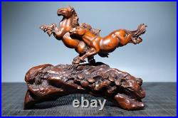 5.7 Chinese Box-wood Carving 12 Zodiac Animal Two Run Horse Pine Tree Statue