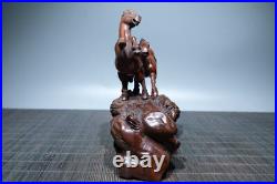5.7 Chinese Box-wood Carving 12 Zodiac Animal Two Run Horse Pine Tree Statue