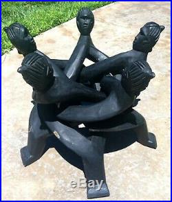 5 Headed Ghana Aburi Unity Circle Sculpture African Carved Sese Wood Statue