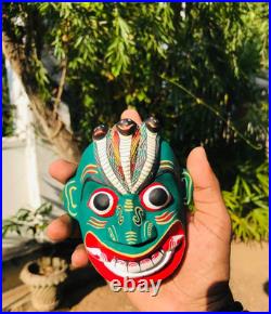 5 inch Handcrafted Green Wooden Tribal Devil Mask from Sri Lanka Traditional