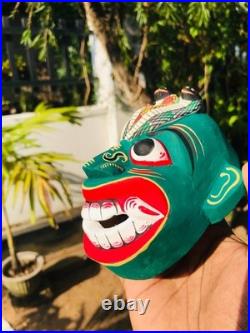 5 inch Handcrafted Green Wooden Tribal Devil Mask from Sri Lanka Traditional
