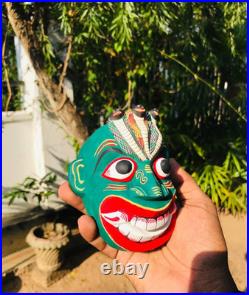 5 inch Handcrafted Green Wooden Tribal Devil Mask from Sri Lanka Traditional