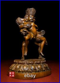 6 Tibet Buddhism Boxwood Wood Carving Yab-Yum Mandkesvara Happy Buddha Statue