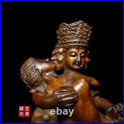 6 Tibet Buddhism Boxwood Wood Carving Yab-Yum Mandkesvara Happy Buddha Statue