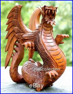8.5 Hand Carved Wooden Dragon Statue Sculpture Figurine Wood Art Home Decor NEW