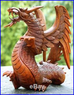 8.5 Hand Carved Wooden Dragon Statue Sculpture Figurine Wood Art Home Decor NEW