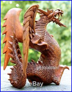 8.5 NEW Hand Carved Wooden Dragon Statue Sculpture Figurine Art Home Decor Wood