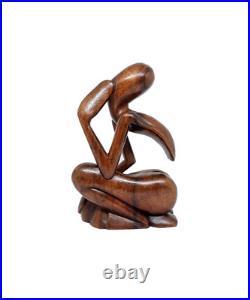 8 Tall Abstract Wooden Side Facing Thinking Cool Guy Art Statue, Hand Carved