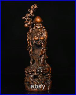 9 Chinese Collection Boxwood wood Carve hold peach longevity old man God Statue