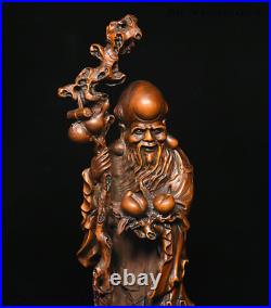 9 Chinese Collection Boxwood wood Carve hold peach longevity old man God Statue