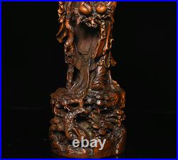 9 Chinese Collection Boxwood wood Carve hold peach longevity old man God Statue