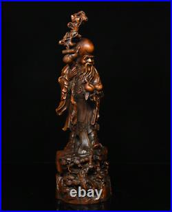 9 Chinese Collection Boxwood wood Carve hold peach longevity old man God Statue