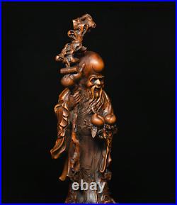 9 Chinese Collection Boxwood wood Carve hold peach longevity old man God Statue