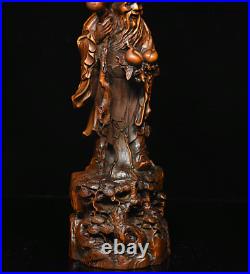 9 Chinese Collection Boxwood wood Carve hold peach longevity old man God Statue
