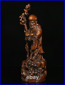 9 Chinese Collection Boxwood wood Carve hold peach longevity old man God Statue