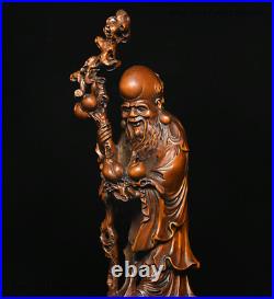 9 Chinese Collection Boxwood wood Carve hold peach longevity old man God Statue
