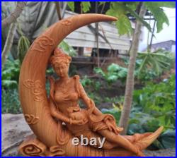 9 Chinese Natural Boxwood Carving Moon Goddess Chang'e Rabbit Fairy Statue