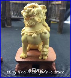 A Pair China Natural Boxwood Carving Fengshui Foo Fu Dog Evil Guardion Door Lion