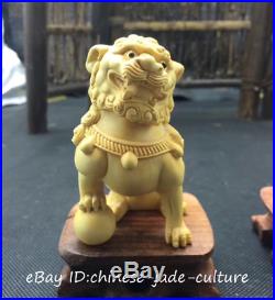 A Pair China Natural Boxwood Carving Fengshui Foo Fu Dog Evil Guardion Door Lion
