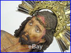 ANTIQUE 18 c HAND CARVED WOOD CHRIST POLYCHROME METAL CROWN GLASS EYES SCULPTURE