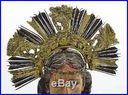 ANTIQUE 18 c HAND CARVED WOOD CHRIST POLYCHROME METAL CROWN GLASS EYES SCULPTURE