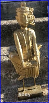 ANTIQUE Asian Thailand Gold Gilt Hand Carved Wooden Statue Army Drummer Man