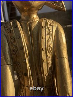 ANTIQUE Asian Thailand Gold Gilt Hand Carved Wooden Statue Army Drummer Man