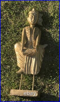 ANTIQUE Asian Thailand Gold Gilt Hand Carved Wooden Statue Army Drummer Man