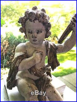 ANTIQUE ITALIAN CARVED WOOD SCULPTURE SEATED PUTTI ANGEL Architectural Element