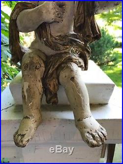 ANTIQUE ITALIAN CARVED WOOD SCULPTURE SEATED PUTTI ANGEL Architectural Element