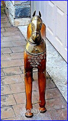 ANTIQUE OAK WOOD HAND CARVED LARGE HORSE STATUE WithBRASS HEAD, TAIL, DECORATION