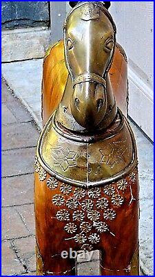 ANTIQUE OAK WOOD HAND CARVED LARGE HORSE STATUE WithBRASS HEAD, TAIL, DECORATION