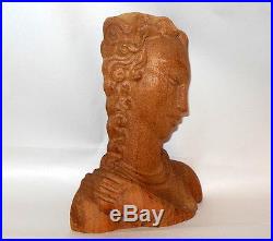 ART DECO Carved Wood Sultry Girl Woman 6 1/2 Head Sculpture Plaque French