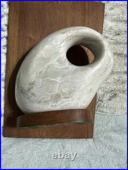 Abstract Amorphic Stone Sculpture Made of Alabaster On Wooden Base