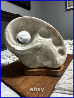 Abstract Amorphic Stone Sculpture Made of Alabaster On Wooden Base