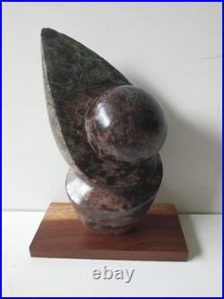 African Carved Stone Sculpture Signed T. MAKORE, 8 Inches Tall on Wood Base