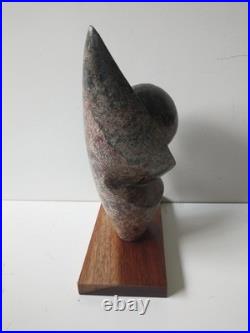 African Carved Stone Sculpture Signed T. MAKORE, 8 Inches Tall on Wood Base