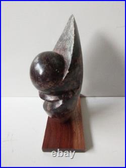 African Carved Stone Sculpture Signed T. MAKORE, 8 Inches Tall on Wood Base